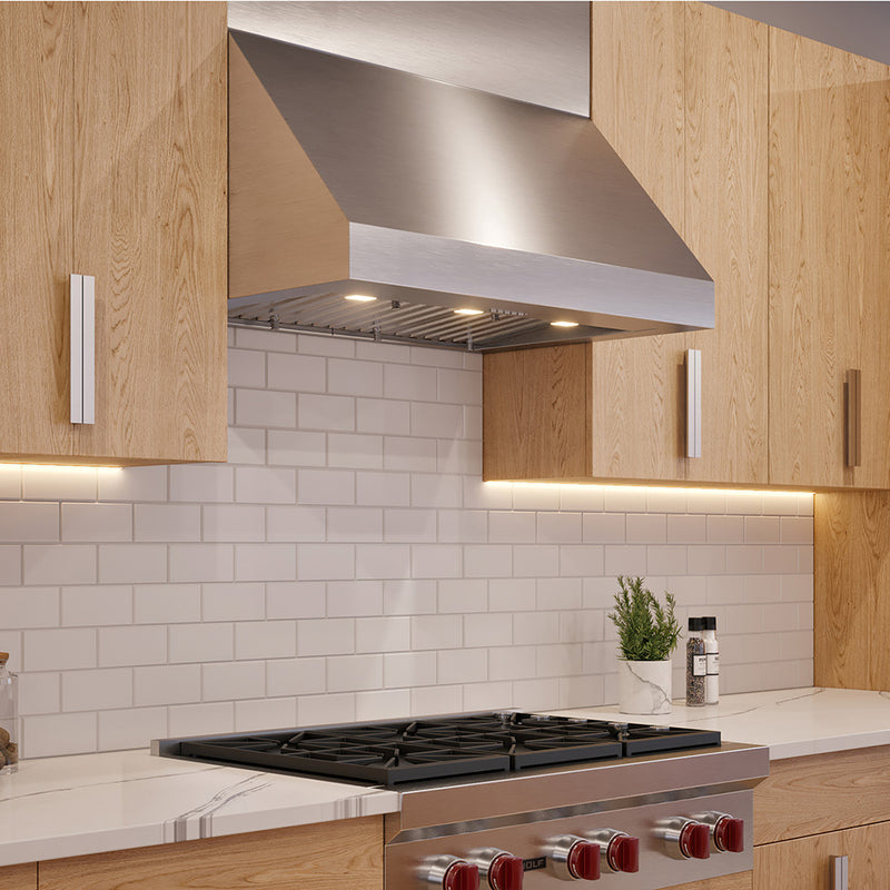 breva pro 18 stainless steel kitchen wall range hood in a transitional kitchen featuring telescopic chimney kit