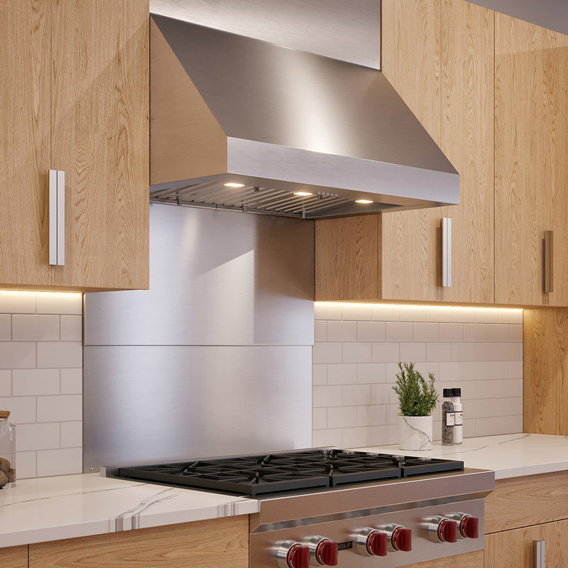 breva pro 18 stainless steel kitchen wall range hood in a transitional kitchen featuring telescopic chimney kit and stainless backsplash