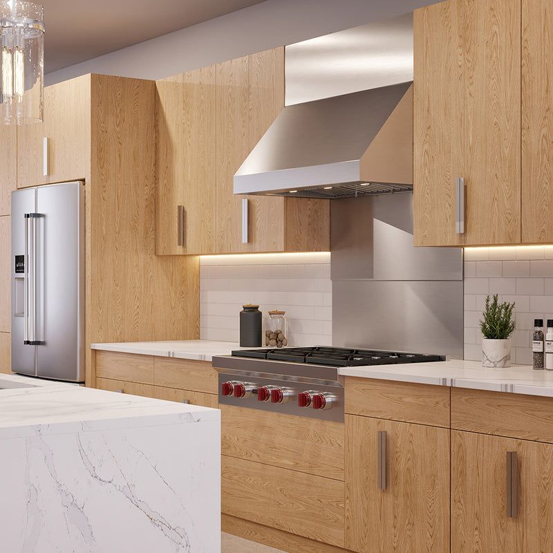 2nd angle of breva pro 18 stainless steel kitchen wall range hood in a transitional kitchen featuring telescopic chimney kit and stainless backsplash