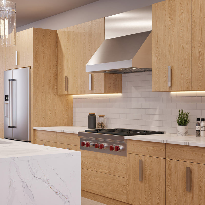 2nd angle breva pro 18 stainless steel kitchen wall range hood in a transitional kitchen featuring telescopic chimney kit