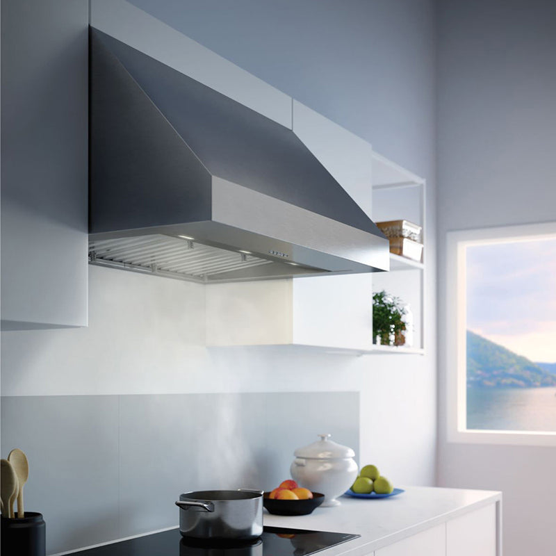 Faber breva pro 18 Stainless steel wall kitchen range hood in an airy ktichen with a side window view of lake