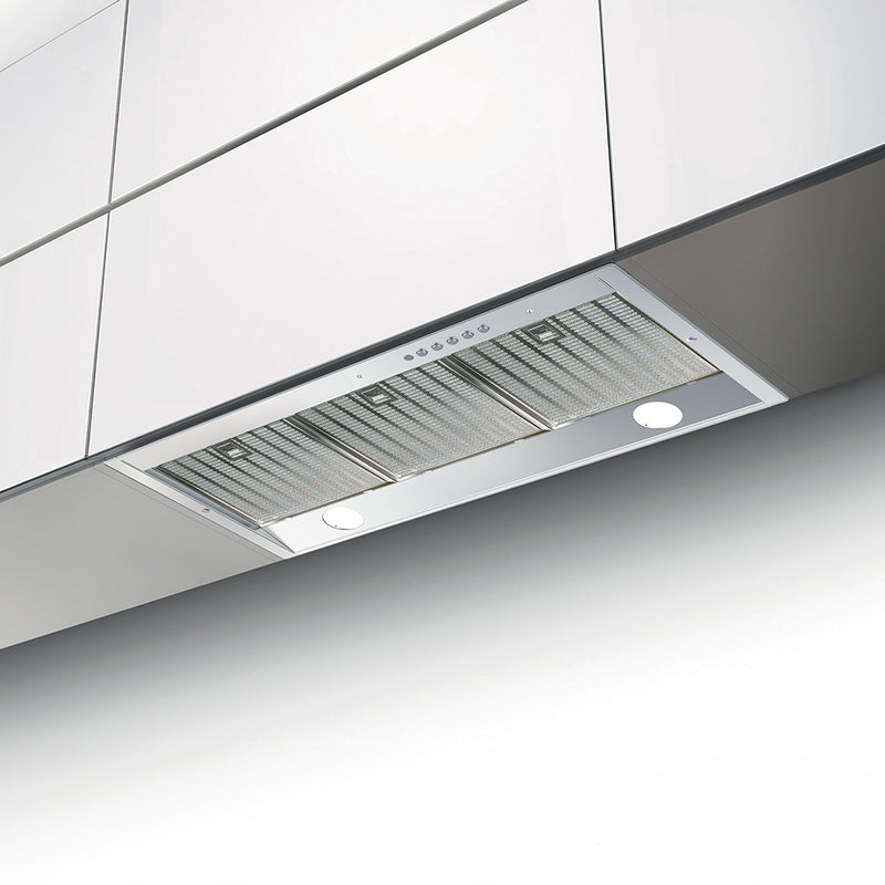 faber inca hc stainless steel insert kitchen range hood in a minimalist lifestyle setting of white cabinets