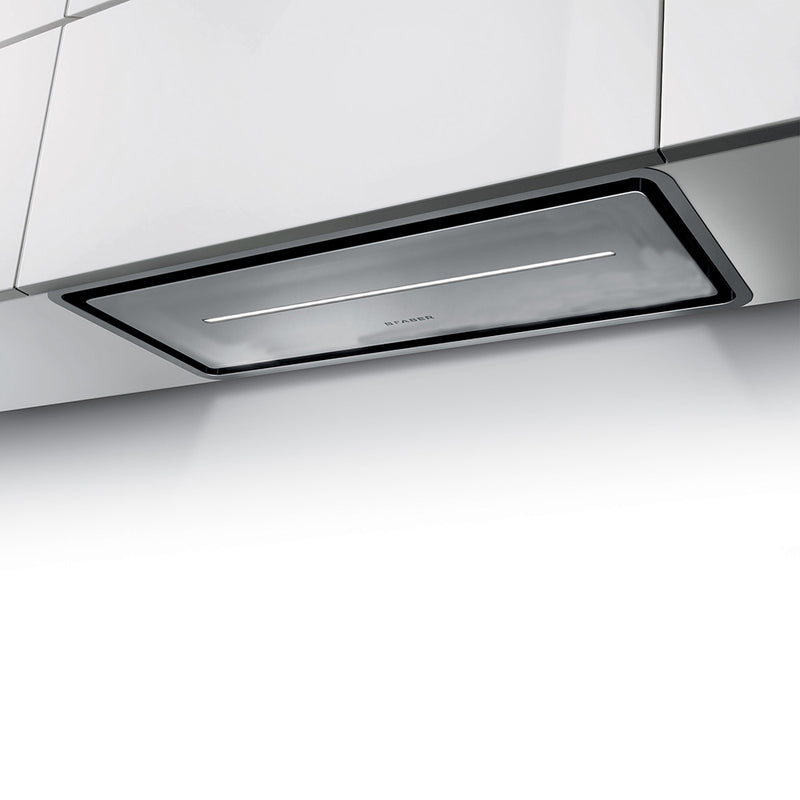 faber inca in-light stainless steel insert kitchen range hood with perimeter aspiration in a white cabinet close up setting. rectangle shape with a centered led bar