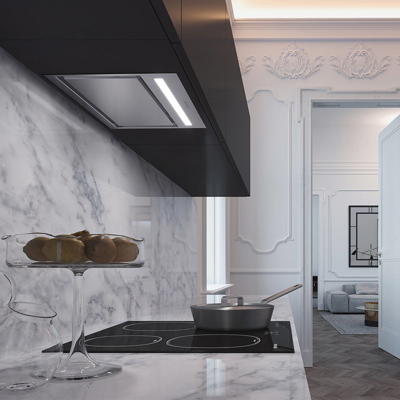 faber inca lux plus lifestyle stainless steel insert kitchen range hood with hidden controls, led light bar, and perimeter aspiration. modern kitchen with marble counters and backsplash