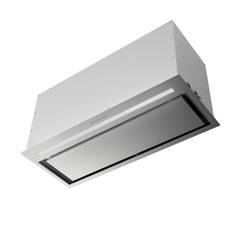 faber inca lux plus stainless steel insert kitchen range hood with hidden controls, led light bar, and perimeter aspiration silo image