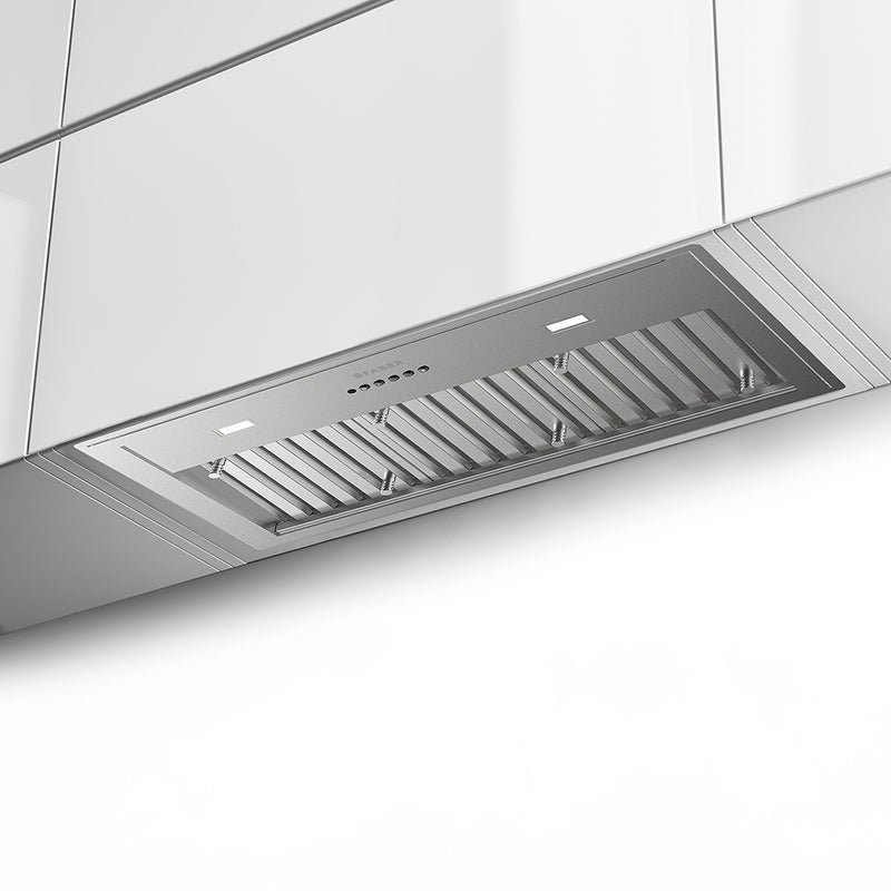 faber inca pro 18 industrial stainless steel kitchen insert range hood lifestyle image. close up in simple white cabinet setting.