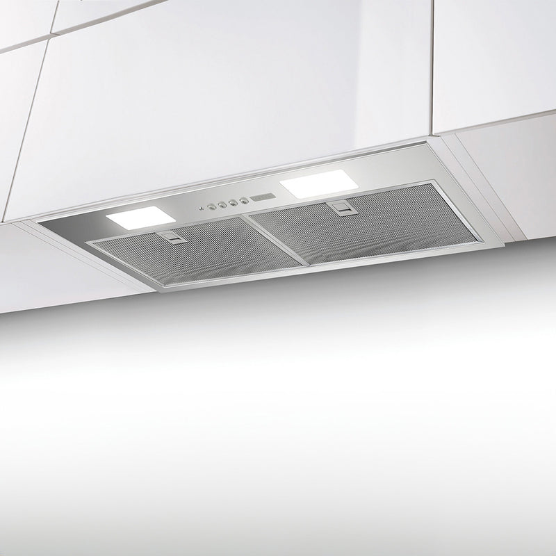 faber inca smart stainless steel kitchen range hood with 2 square led lights and 2 mesh filters, button controls in a simple white cabinet setting