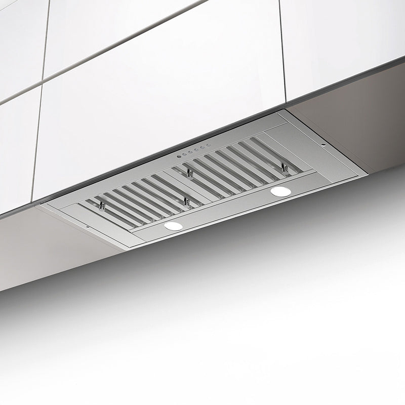 close-up of faber inca sd stainless steel, a sleek, built-in range hood integrated into a modern kitchen design. It features stainless steel finishes, a minimalist design, and built-in lighting for enhanced visibility.