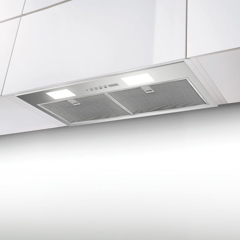 Inca Smart Stainless Steel Range hood installed in white cabinets.