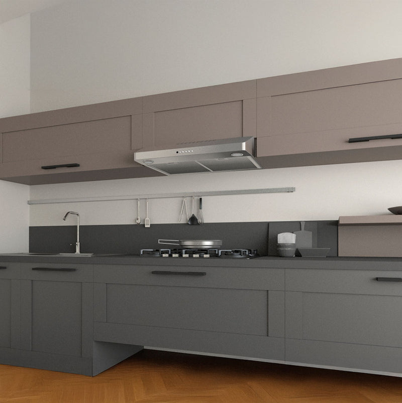Contemporary kitchen featuring grey lower cabinets and brown upper cabinets. Kitchen features a stove top with a stainless steel Faber Levante 2 range hood.