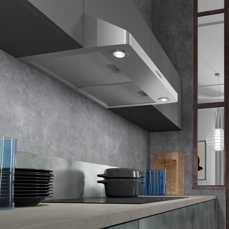 Modern industrial kitchen with grey cabinets featuring Faber stainless steel Levante G kitchen range hood.