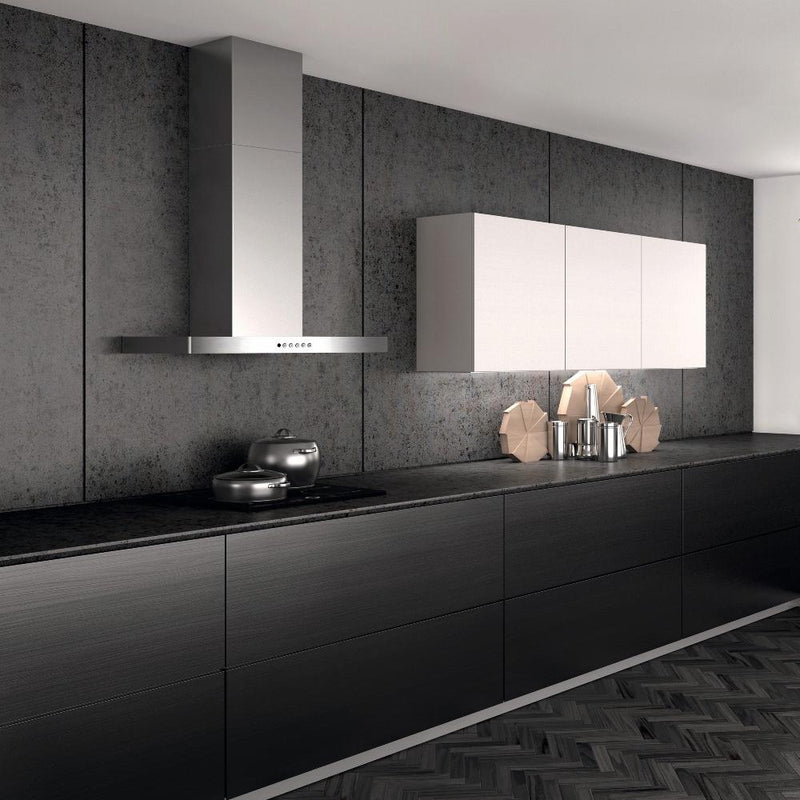 Stainless Steel Wall Range Hood in modern and minimalist kitchen. White top cabinets and black wood grain bottom cabinets. Features a Faber Stilo stainless steel range hood