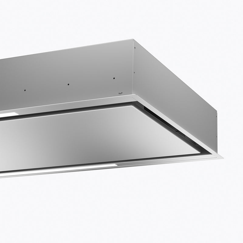 Close up detailed shot of Faber stratus isola ceiling range hood in stainless steel silo image