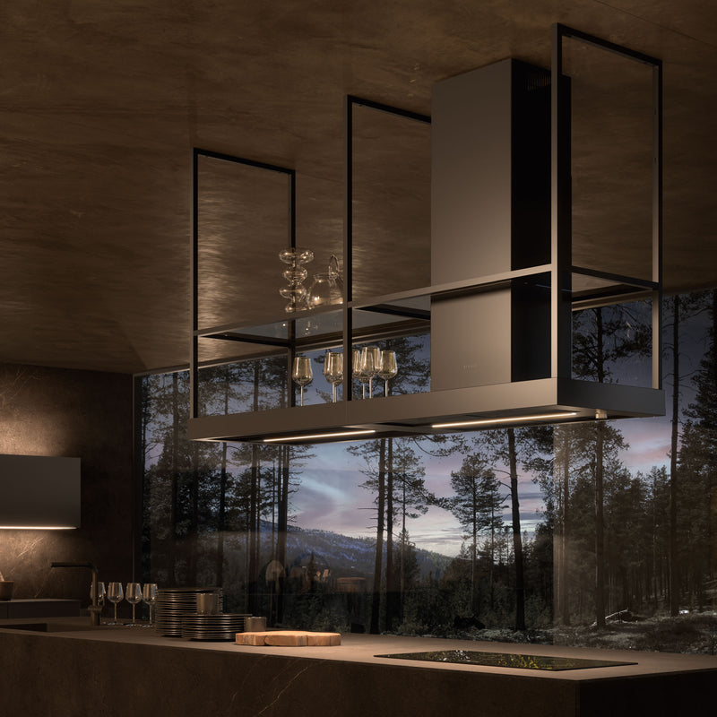 Faber T-Shelf range hood over a stone kitchen island in a modern industrial kitchen